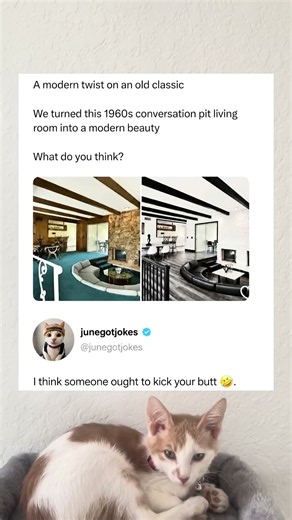We turned this 1960s conversation pit living room into a modern beauty #memes #junegotjokes