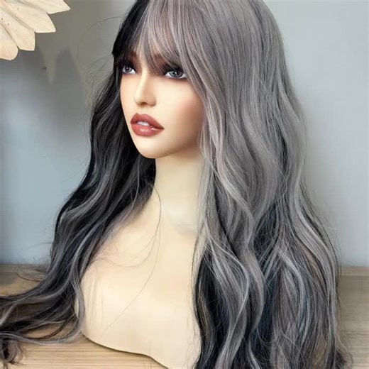 Black and Ash Pink Grey Wavy Wig With Bangs | 26-inch Two Tone Synthetic Hair - Etsy
