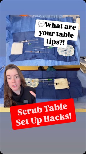 Don’t Miss A Beat ®️ on Instagram: "Scrub Table Set Up Hacks! His tips: - Access Kit: keep everything together, all items facing the way they’re entered into the body, floppy tip of the wire towards the patient - Manifold Kit: makes a sack, tighten your connections, keep it altogether and put your wire with it so you can bring everything over at once without dropping it Thank you Kyle! ❤️ My added tips: - Don’t throw anything away unless it’s actually trash. Keep it on the back right of your tab