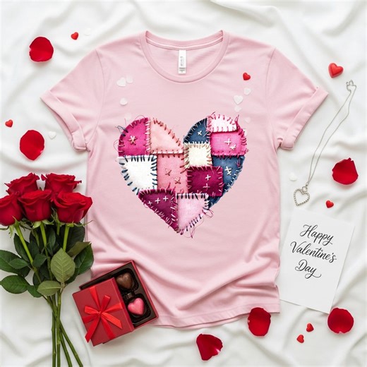 Valentine's Day Patchwork Heart T-shirt, V-neck & Sweatshirt - Unique Quilted Love Design, Valentine's Day Gift for Her - Etsy