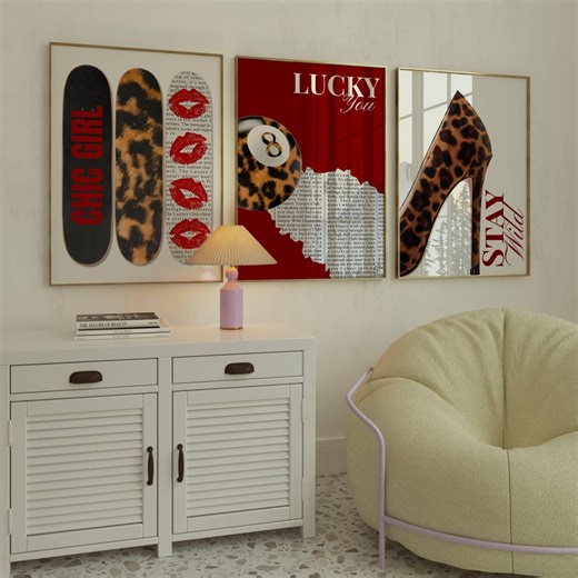 Trendy Girly Prints Set: Leopard Heels, Skateboard, Lucky 8 (digital Download) - Etsy