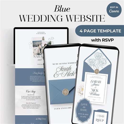 Blue Wedding Website Template Canva | Digital Wedding Invite and RSVP Form - Etsy