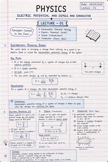 Class 12 Physics | Electric Potential, Dipole & Conductor | Lecture 01 | Notes