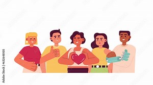 Gender, racial diversity students 2D characters animation. Flat cartoon 4K video, transparent alpha channel. Woman making heart among multinational college friends animated people on white background