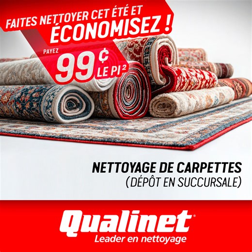 ✨ Faites place nette pour l'été ! ✨ Profitez d'une offre éclatante : Nettoyage de vos carpettes à seulement 0,99 $/pi² — pour un temps très limité ! 🧼 Taxes en sus. Apportez vos tapis et carpettes à la succursale Qualinet la plus proche. 📍 Un service rapide, professionnel… et à petit prix. 📆 Dépêchez-vous, cette offre ne durera pas longtemps ! | Qualinet / Officiel
