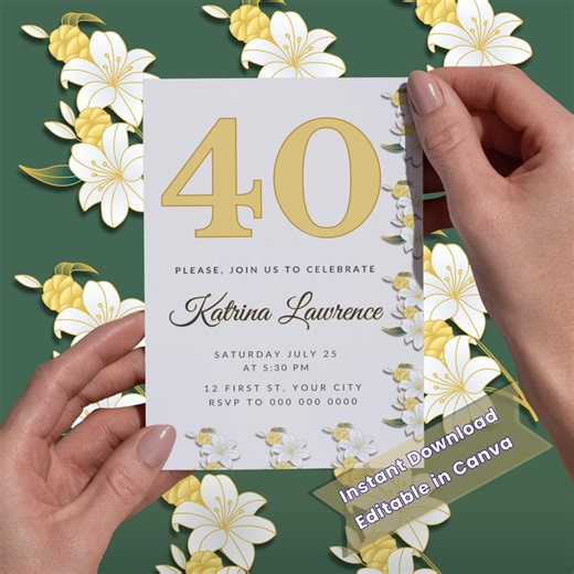 40th Birthday Invitation Party Template | Gold Floral Canva Invite (digital Download) - Etsy