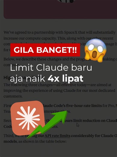 Limit Claude baru naik 4x dan ini baru permulaan. Anthropic baru aja dapet akses ke 220 ribu GPU NVIDIA punya SpaceX. Belum dari Amazon, Google, sama Microsoft. Dampaknya langsung kerasa, rate limit digandain, jam sibuk dihapus, limit Opus naik drastis. Yang paling gila? Mereka lagi explore data center di orbit bumi. Kalau AI udah punya server di luar angkasa, bakal segila apa? #claude #Anthropic #AIUpdate #AIIndonesia #spacex
