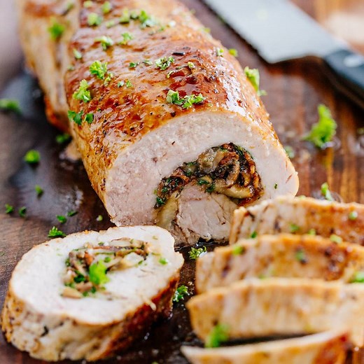 Juicy Mushroom and Bacon Stuffed Pork Tenderloin RECIPE: https://natashaskitchen.com/stuffed-pork-tenderloin/ | NatashasKitchen.com