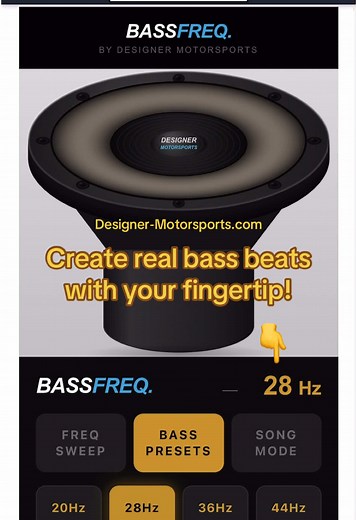 Use your fingertips to create your own beats and bass-lines. This program is completely FREE to use on our website. No downloads, just click and go! Generates real bass frequencies with an subwoofer simulation to show it’s movement. #designermotorsports #caraudio #music #freeapp #bass