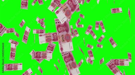 100 CHINESE RENMINBI notes falling Green screen