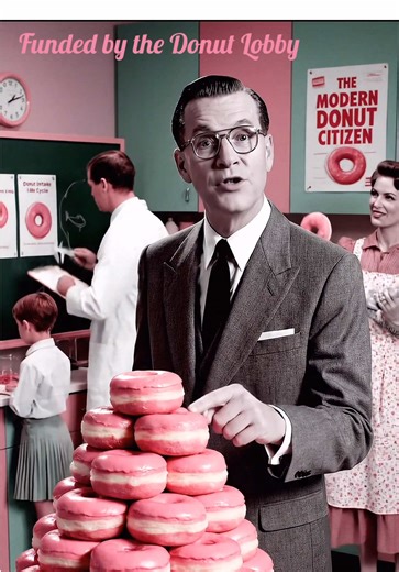 Historical Documentary: The Modern Donut Citizen — Here we see the culmination of modern food science, the geometrically perfect donut. A vital component of the balanced American diet. Here in this perfect pyramid, we see the future of American nutrition. The modern American family understands that the donut is not only a treat, but the very foundation of a balanced civic diet. Friends, colleagues, citizens, the modern donut is not merely a treat, but a pillar of our great society.
