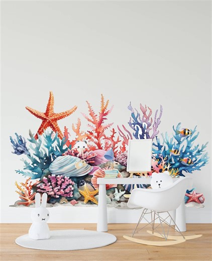 Sea Life Coral Reef Decal, Nautical Ocean Vinyl Wall Sticker With Fish and Starfish - Etsy