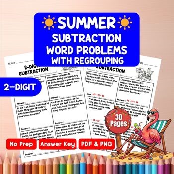 2-Digit Subtraction Word Problems Worksheets (With Regrouping) | Summer Math