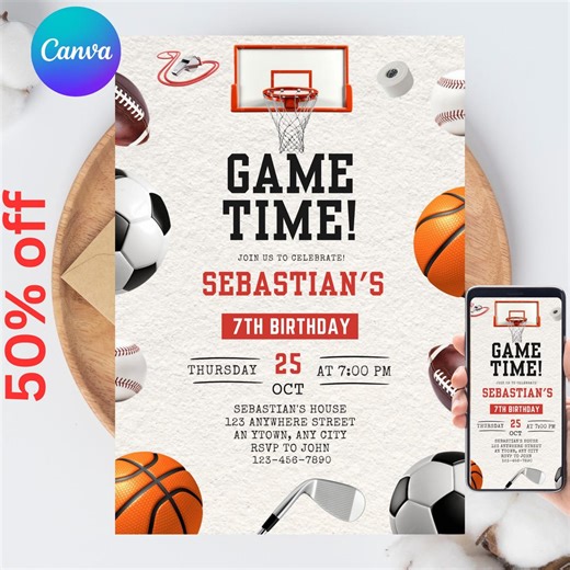 Editable Sports Invitation, Sport Theme Invite, Sports Party Birthday Invitation, Sports Flyer, All Star Sports Invitation Template, Canva - Etsy
