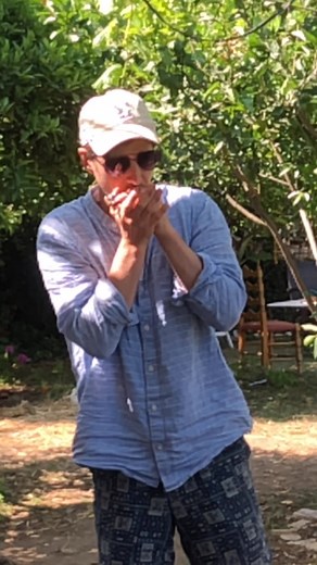 Jamming the Blues in a beautiful greek garden 🇬🇷#harmonica #piano #chicagoblues #fiddle | The Harmonica Barge