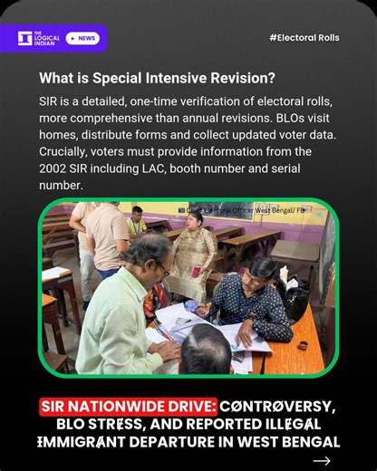 The Special Intensive Revision (SIR) is underway across 12 Indian States and UTs — from Tamil Nadu and Kerala to West Bengal and Madhya Pradesh. This one-time, in-depth verification aims to clean up electoral rolls like never before. Booth Level Officers (BLOs) are visiting homes, collecting updated details, and cross-checking data from the 2002–2003 rolls using the EC’s digital platform, ECINet, to remove duplicates and ensure fair representation. 👉Political Overtones in West Bengal Tɇnsions h