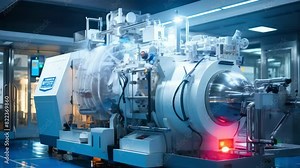 A large scientific apparatus with metal pipes and wires, surrounded by modern lab equipment. Bright lighting highlights the details and complexity of the device.
