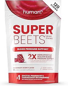 Humann SuperBeets Heart Chews, Nitric Oxide and Blood Pressure Support, Grape Seed Extract & Non-GMO Beet Root Powder Energy, Pomegranate Berry Flavor, 120 Count