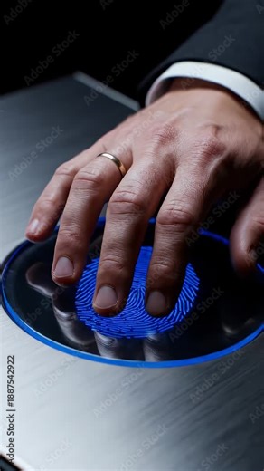 Man Accessing Futuristic Biometric Fingerprint Scan on Illuminated Panel Access Control via Digital Authentication
