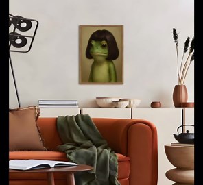 Funny Frog Wall Art, Whimsical Green Frog Wall Decor Painting Cute Animal Poster Canvas Prints Artwork for Living Room Bedroom Bathroom 12x16 inch Wood Framed