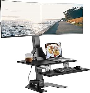 AVLT Electric Standing Desk Converter for Dual 32" Monitors, Motorized Sit to Stand Riser with 28"x16" Tabletop, Large Keyboard Tray, Height Adjustable, Sturdy Base, Small Footprint