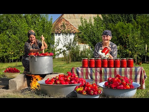 Authentic Red Pepper Adjika in Azerbaijan Countryside | Peaceful Village Cooking & Canning