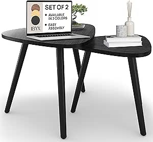 Ibyx Triangle Nesting Coffee Table - Set of 2 End Tables with Non-Slip Pad - Stylish & Modern Side Tables for Living Room, Bedroom or Balcony (Black, Bamboo)