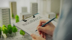 Applying for home insurance in multi-storey buildings, an insurance company employee meets with apartment owners to fill out an insurance form, which details the characteristics of the property