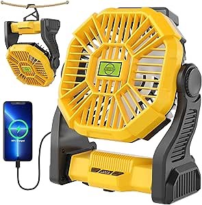 Portable Camping Fan Cordless Battery Powered，270° Rotating Portable Battery Operated Rechargeable Fans, 360° Hanging Hook, USB Personal Outdoor Camping Fans for Tents,Travel X23 Yellow