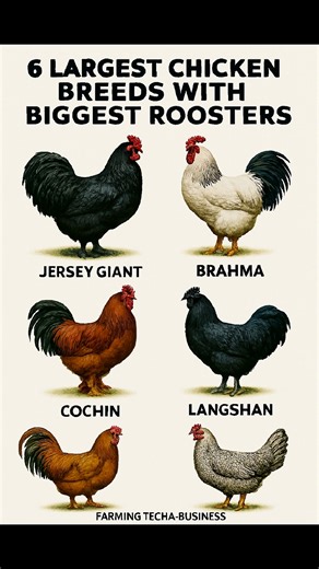 Here are 6 of the largest chicken breeds known for having massive roosters — perfect for meat production, show farming, or just turning heads in your poultry yard: --- 6 LARGEST CHICKEN BREEDS WITH BIGGEST ROOSTERS 🐓 1. JERSEY GIANT - Origin: USA - Rooster Size: Up to 15 lbs (6.8 kg) - Traits: Calm, dual-purpose breed. Black variety tends to be heavier. Largest chicken breed in the world. --- 🐓 2. BRAHMA - Origin: India/USA - Rooster Size: Up to 12 lbs (5.4 kg) - Traits: Feathered legs, majest