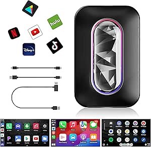 3 in 1 Wireless Carplay Adapter, Android 11.0 Wireless Adapter for Netflix/YouTube/TikTok, Carplay AI Box Wired to Wieless CarPlay & Android Auto, Fit for OEM Wired Carplay Cars (Black with Light)