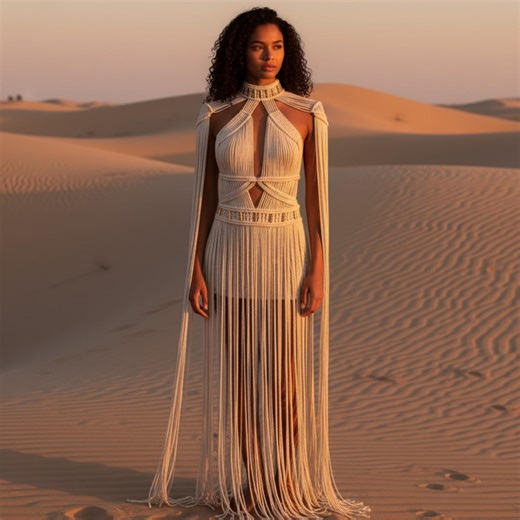 Macrame Dress With Cape Sleeves - Bohemian Festival Fringe Gown - Etsy