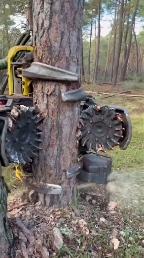 Mechanical Harvesters Cutting Trees in Forestry