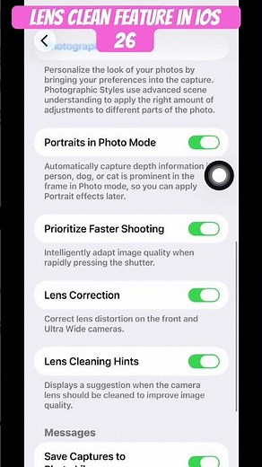 iOS 26 hidden features Lens clean hints switch in camera settings #ios26 #ios26features #shorts