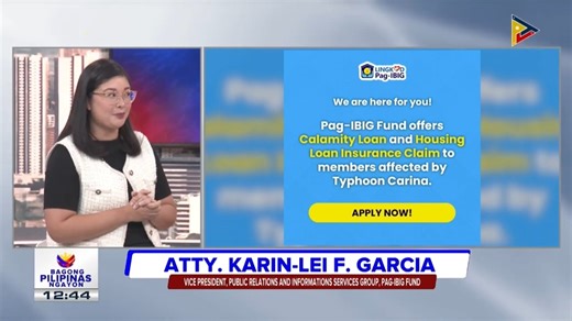 WATCH. Home Development Mutual Fund or Pag-IBIG Fund (HDMF) Vice President for Public Relations and Information Services Group Karin-Lei Garcia discusses the calamity loan and housing loan insurance claim that Typhoon Carina-affected Pag-IBIG members can avail. #DisasterResponse #PagIBIGFund #DHSUD | Department of Human Settlements and Urban Development