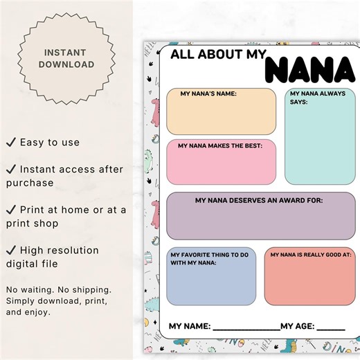 All About My Nana Dinosaur Printable, Mother’s Day Kids Activity for Grandma, Fun Fillable Worksheet, Instant PDF Download - Etsy