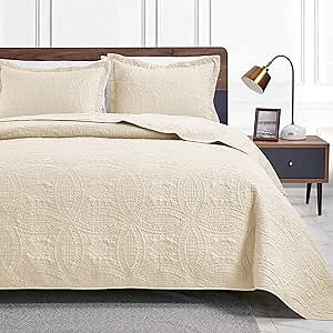 Love's cabin Quilts for Queen Bed Beige Bedspreads Bedding Set - Summer Lightweight Bedspread Comforter - Coin Pattern Bedding Coverlet for All Season - 3 Pieces (1 Quilt, 2 Pillow Shams)