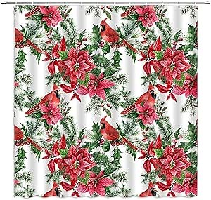 Merry Christmas Shower Curtain Red Xmas Bird Poinsettia Green Twigs Berry Pine Tree Branch Winter Vintage Rustic Xmas Holiday Festival Bathroom Home Curtain Decor with Hooks,70" Wx70 H