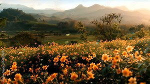 In spring, when the sun begins to shine its warm rays, orange flowers bloom profusely and butterflies flutter around. Seamless looping time-lapse 4k animation video background Generated AI