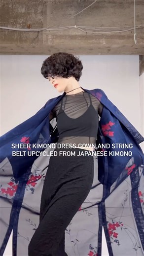 This sheer kimono dress gown with a matching string belt is upcycled from a vintage Japanese silk kimono. #machikokimono #kimono #japanfashion #upcyclefashion #dressgown | machiko_shime