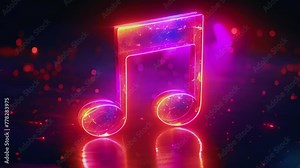 Music notes background effect neon colors. two eighth notes. Music abstract background. Pink,blue rainbow neon colors on black background 4k video Stock Video