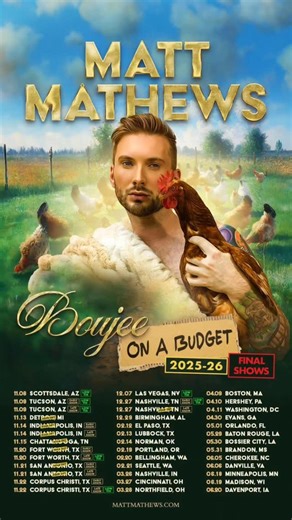 🤣 He’s back, baby! Matt Mathews is hitting the road for his 2026 Tour — bringing laughter, sass, and unfiltered Southern comedy to cities across the country! 🚨 PRE-SALE IS HAPPENING NOW!!!!! Use code BOUJEE to access the artist presale 🎟️ Shows are selling out fast — thank you, thank you, thank you ❤️ 🎟️ Get tickets → https://stubhub.prf.hn/l/9O5ZJeD/ 🔗 Full tour details → https://toursetlist.com #MattMathews #MattMathewsTour2026 #ComedyTour #StandUpComedy #MattMathewsLive #WorldTour2026 #C