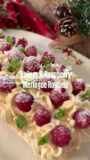 Baileys & Raspberry Meringue Roulade 🎄 If you are looking for an easy show stopper dessert for Christmas Day, this is it! Crispy on the outside, marshmallow soft inside filled with baileys cream and fresh raspberries! It’s such a delicious festive dessert and you can make the meringue the day before, and just do the filling fresh on the day! And if you want all my festive recipes in one easy guide then check out my Christmas ebook! The link is under my profile. Ingredients: 150g of egg white I 