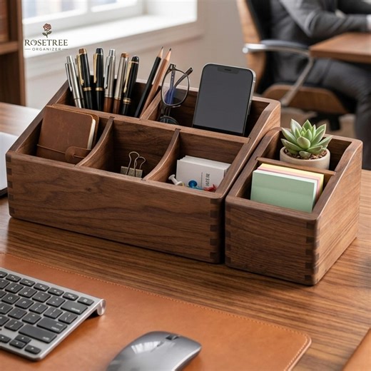 Black Walnut Desktop Organizer Box, Wood Desk Caddy, 5 and 2 Compartments - Etsy