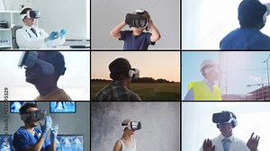 Different people are using modern virtual and augmented reality technologies for work, education and entertainment. Vr technology concept.