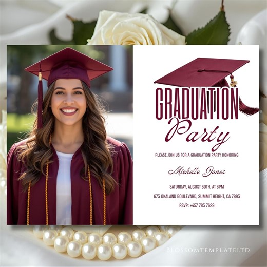Burgundy Graduation Invitation, Red Editable Grad Party Invite Minimalist Photo Grad Invite Card High School College Grad Announcement - Etsy