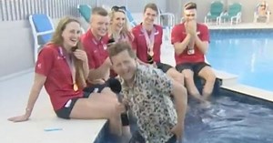 Hysterical moment live BBC sports presenter falls in swimmng pool