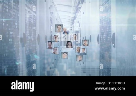 System scanning server cabinets forming tech network with animated headshot links. Digital, connectivity, futuristic, network, virtual, technology, corporate Stock Video Footage - Alamy