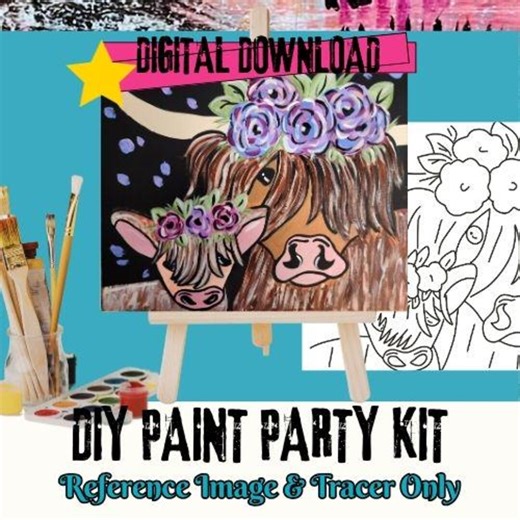 Highland Cow and Calf Painting Kit, Rustic Farm Animal Traceable, DIY Sip and Paint Art Printable, Cow Canvas Project, (digital Download) - Etsy