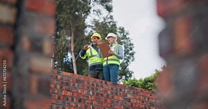 Clipboard, teamwork and people at construction site with floor plan development, renovation or housing planning. Architecture project manager talking of design progress, layout and industry checklist